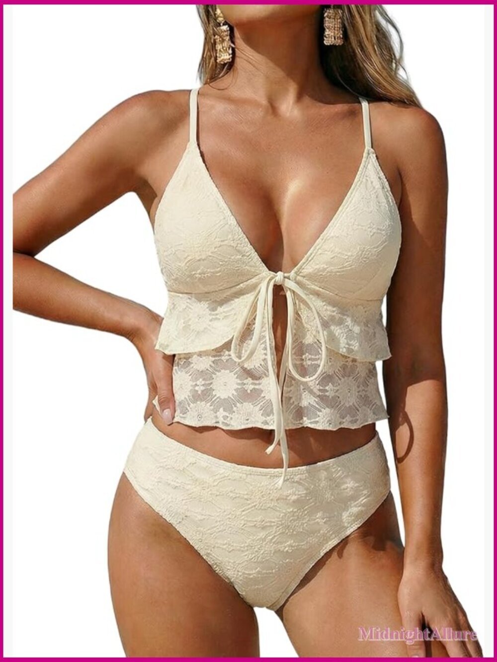 Women's Mesh Tankini Two Piece Swimsuit V Neck High Cut Cheeky